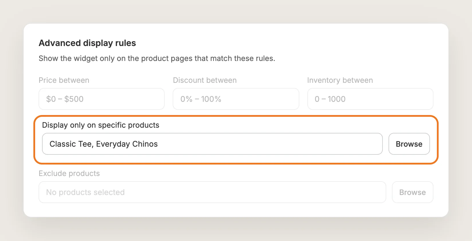 Advanced display rules card with price, discount and inventory ranges and the Display only on specific products picker highlighted