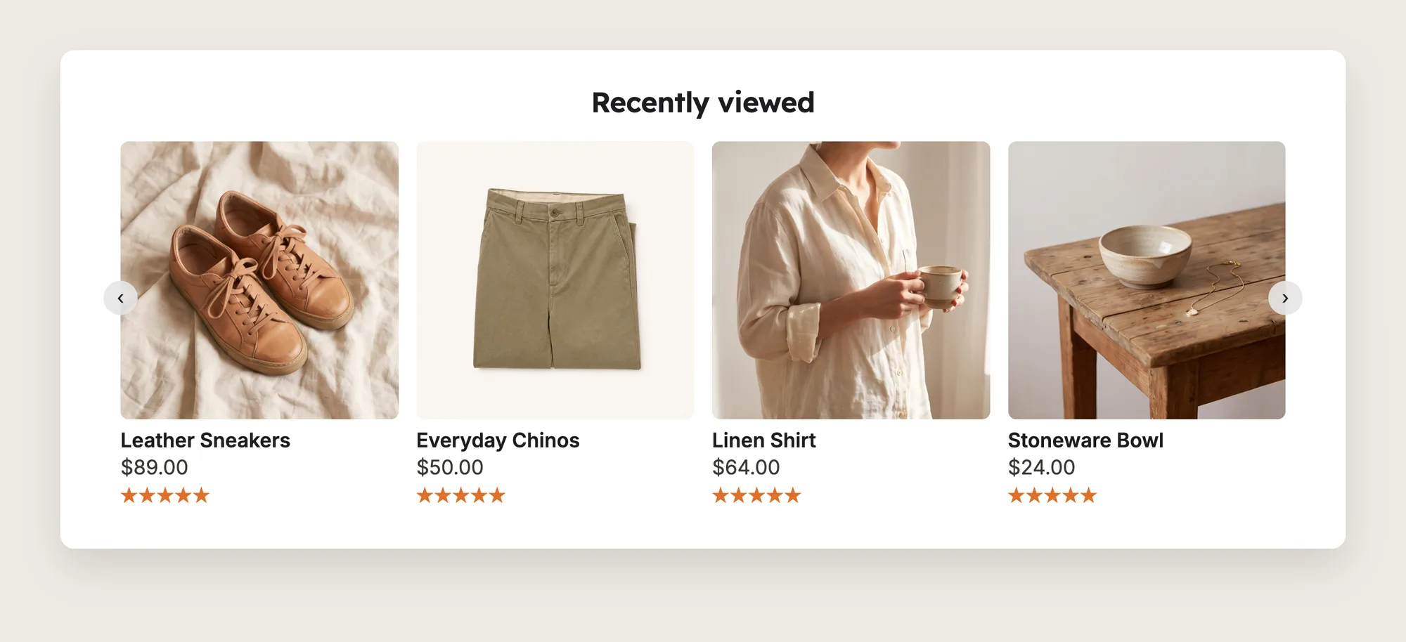 Close-up of a Recently viewed carousel with four product cards, each with an image, title, price and review stars