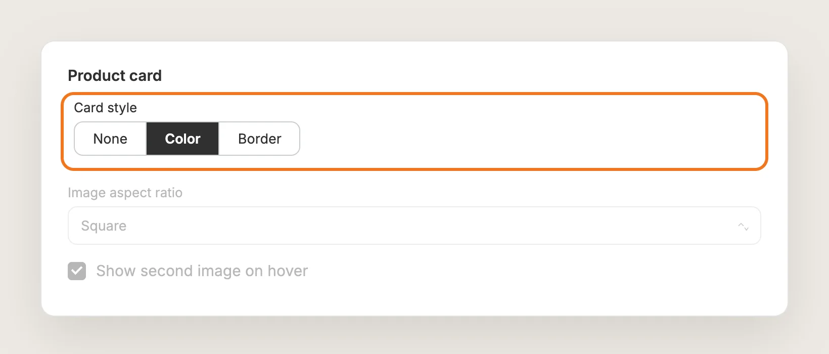 Vitals Product card settings with the Card style buttons None, Color and Border highlighted