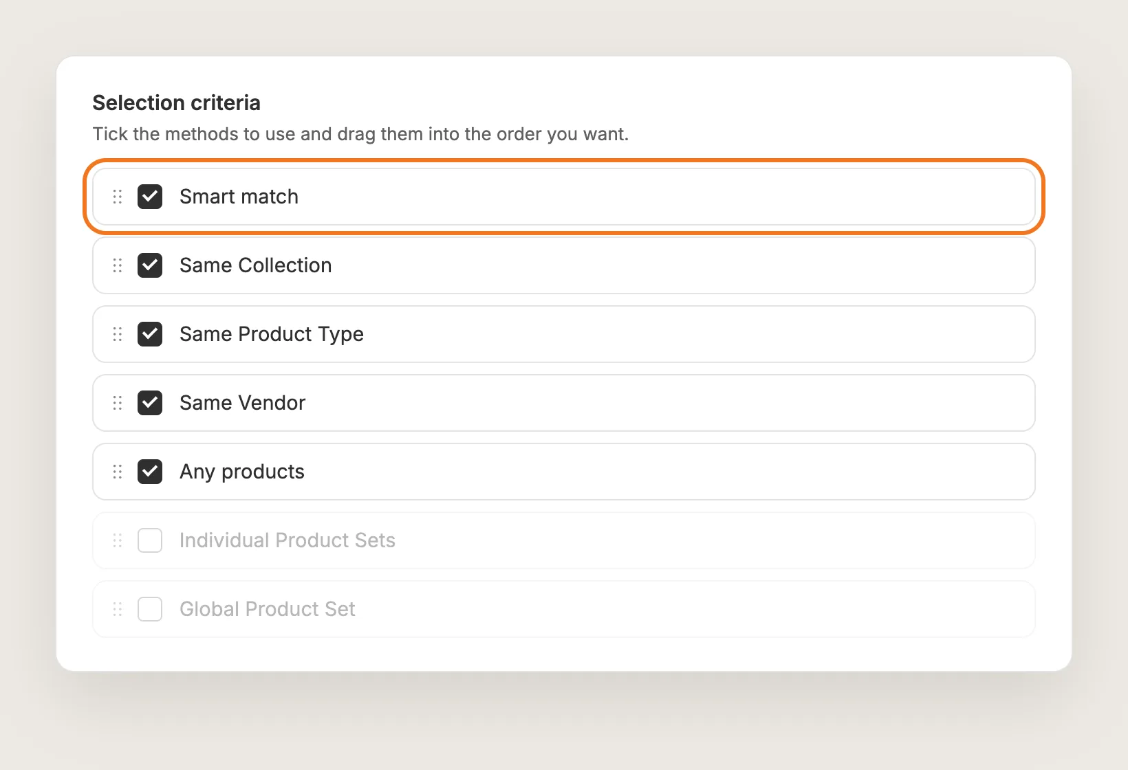 Vitals Selection criteria card with Smart match highlighted at the top of the list of methods