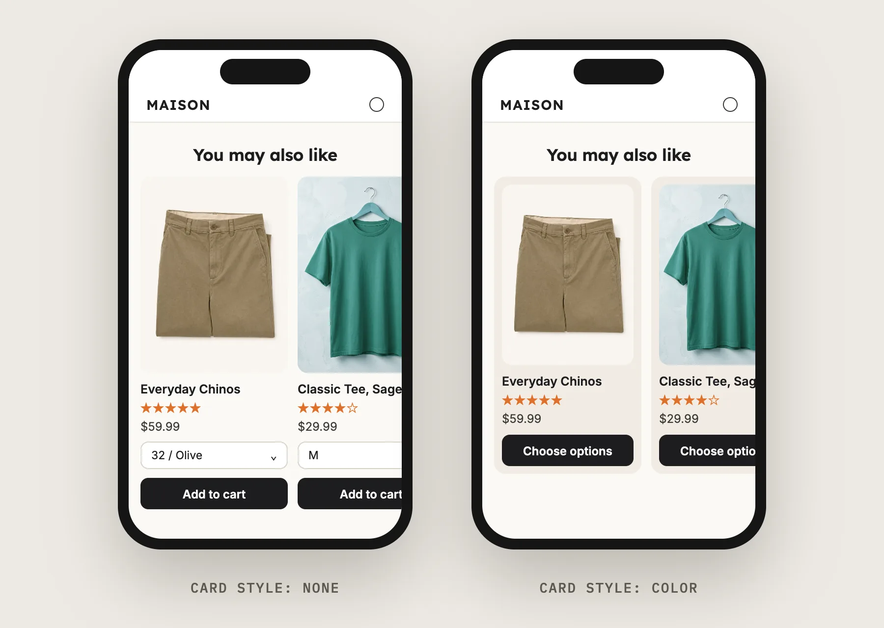 Two phones showing the You may also like carousel, one with Card style None and variant dropdowns, one with Card style Color and Choose options buttons
