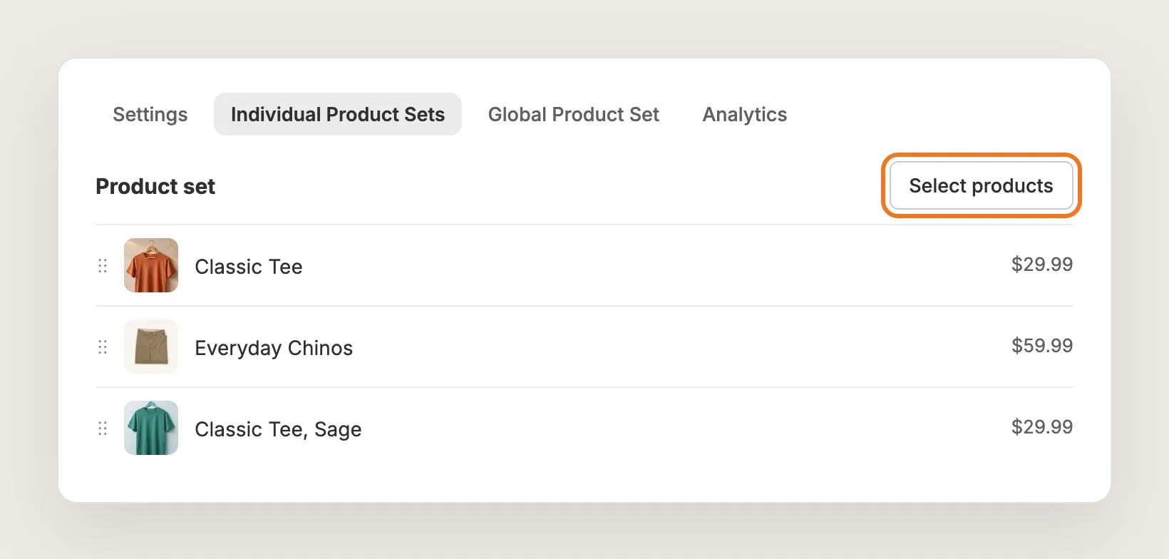 Vitals Individual Product Sets tab with a set of three products and the Select products button highlighted