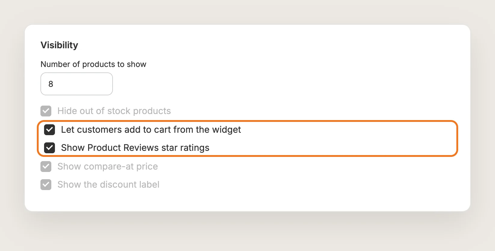 Vitals Visibility card with Let customers add to cart from the widget and Show Product Reviews star ratings highlighted