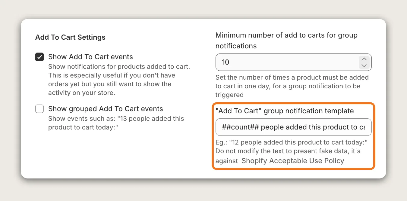 Add To Cart Settings card with Show Add To Cart events on and the "Add To Cart" group notification template highlighted
