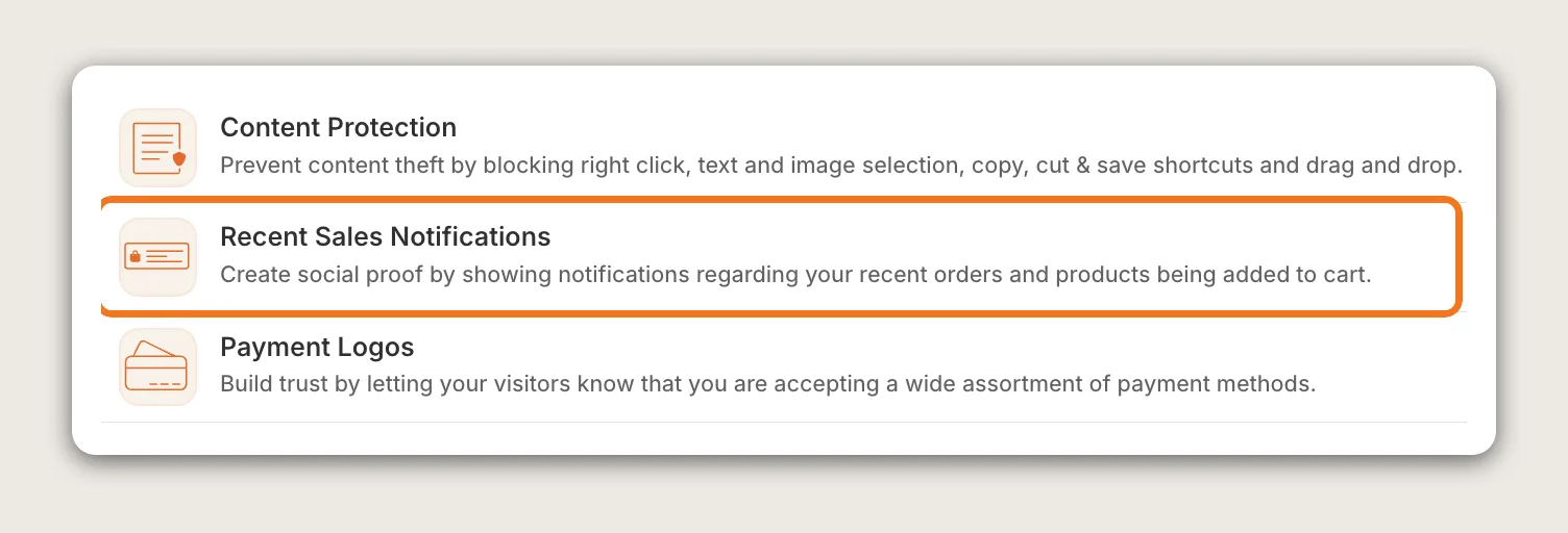Vitals apps list with the Recent Sales Notifications row highlighted between Content Protection and Payment Logos