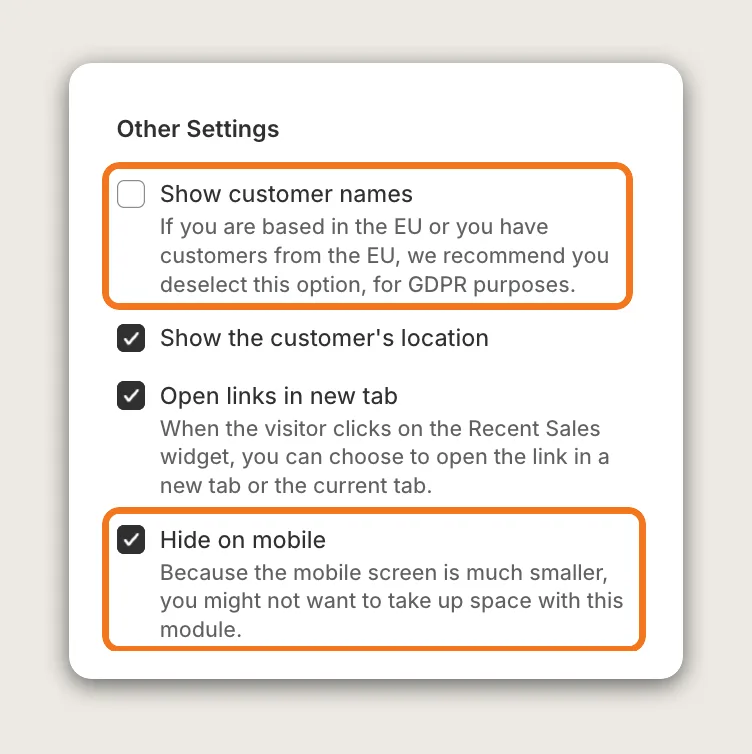 Other Settings card with Show customer names unticked and Hide on mobile ticked, both highlighted