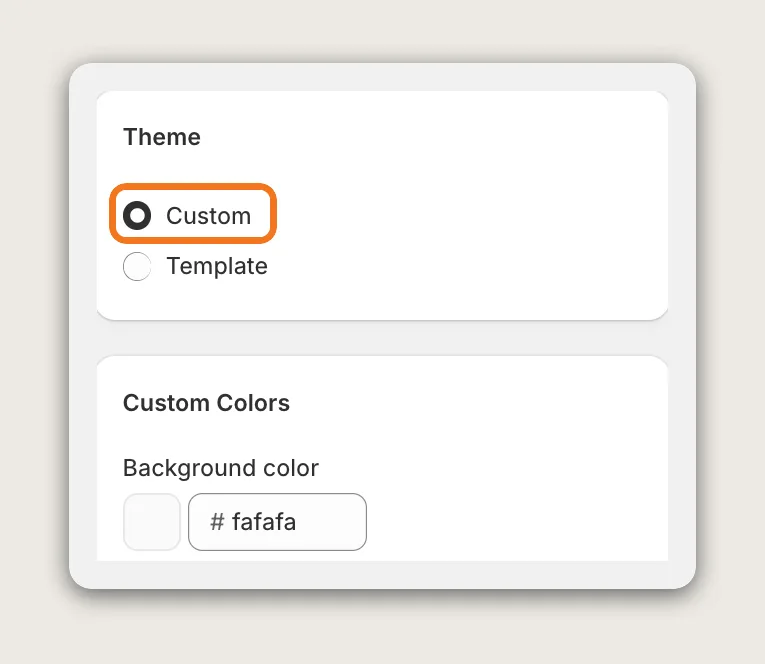 Theme card with Custom selected and highlighted, above the Custom Colors card with Background color