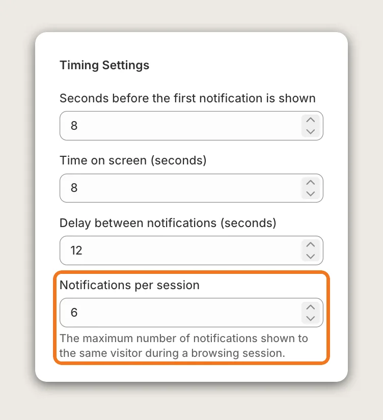 Timing Settings card with the default values 8, 8, 12 and 6, and Notifications per session highlighted