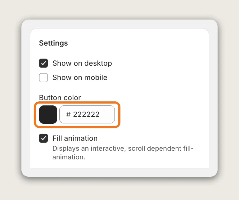Vitals Scroll to Top Button Settings card with the Button color field set to #222222 highlighted