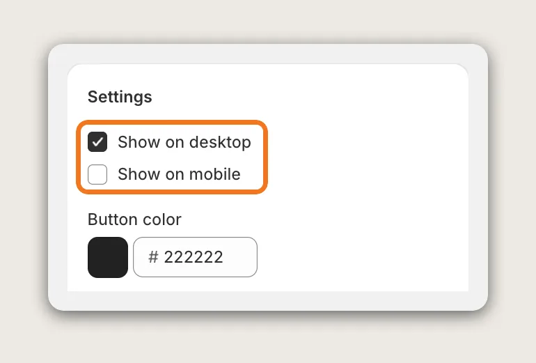 Vitals Scroll to Top Button Settings card with Show on desktop ticked and Show on mobile unticked, both highlighted