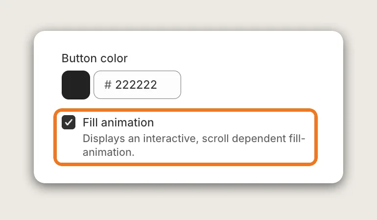 Vitals Scroll to Top Button Settings card with the Fill animation checkbox ticked and highlighted
