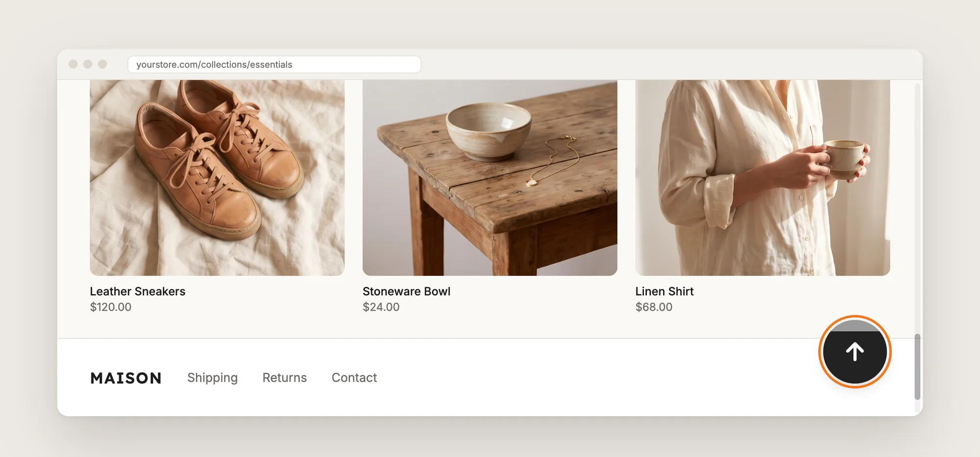 Close-up of a round scroll to top button with an up arrow in the bottom right corner of a Shopify collection page