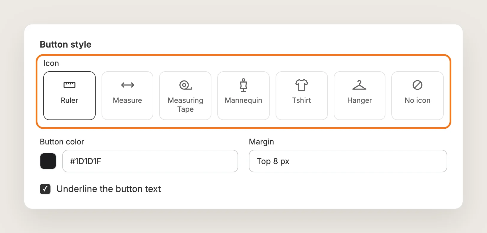 Button style card with the Icon options highlighted, plus Button color, Margin and Underline the button text