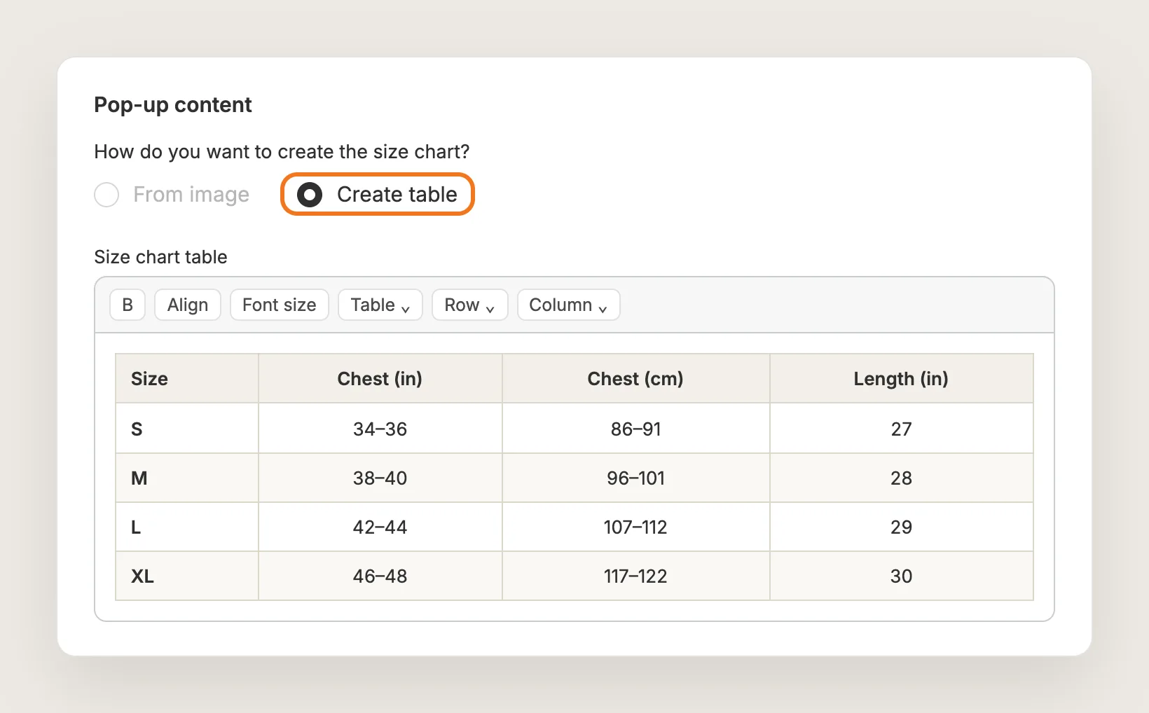 Pop-up content card with Create table selected and a size chart table of sizes S to L in the table editor
