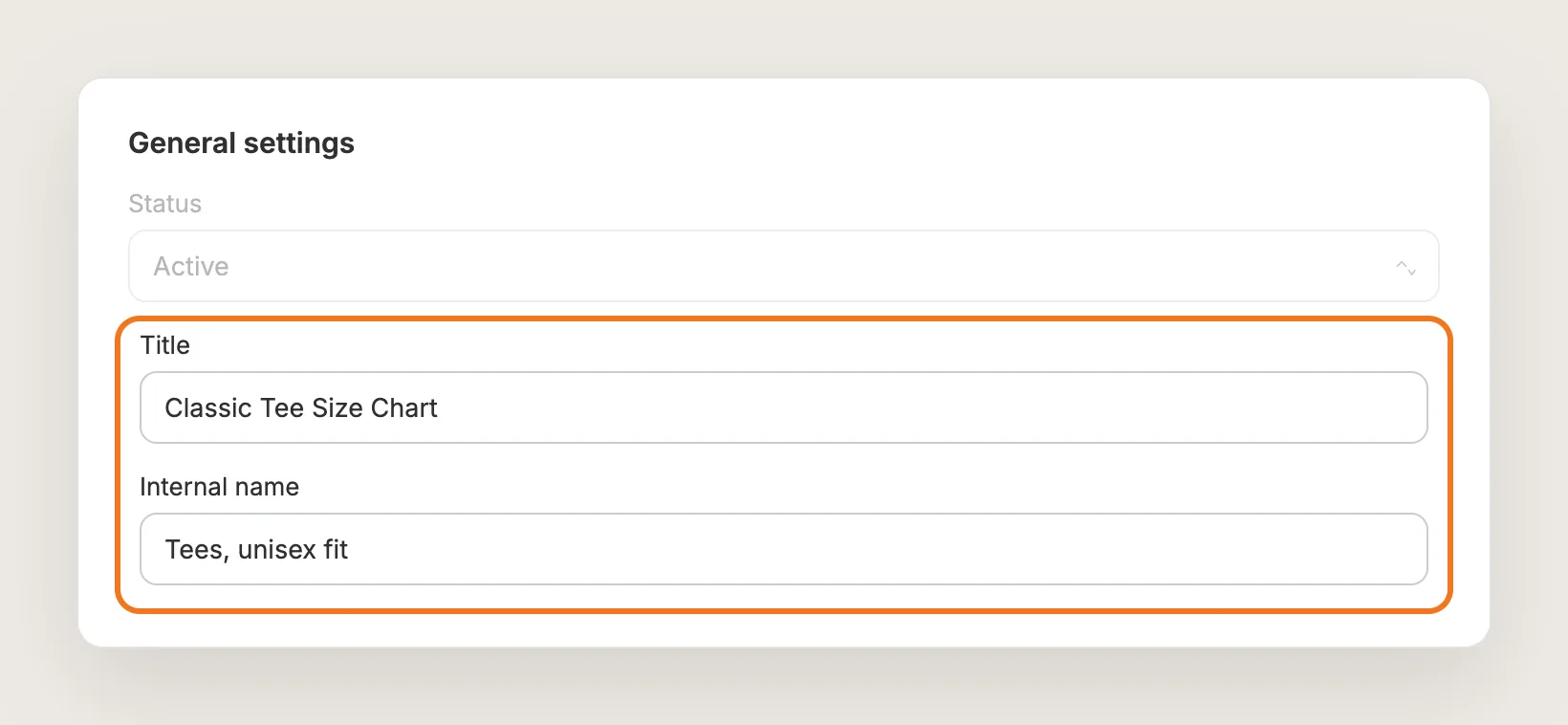 General settings card with the Title and Internal name fields highlighted
