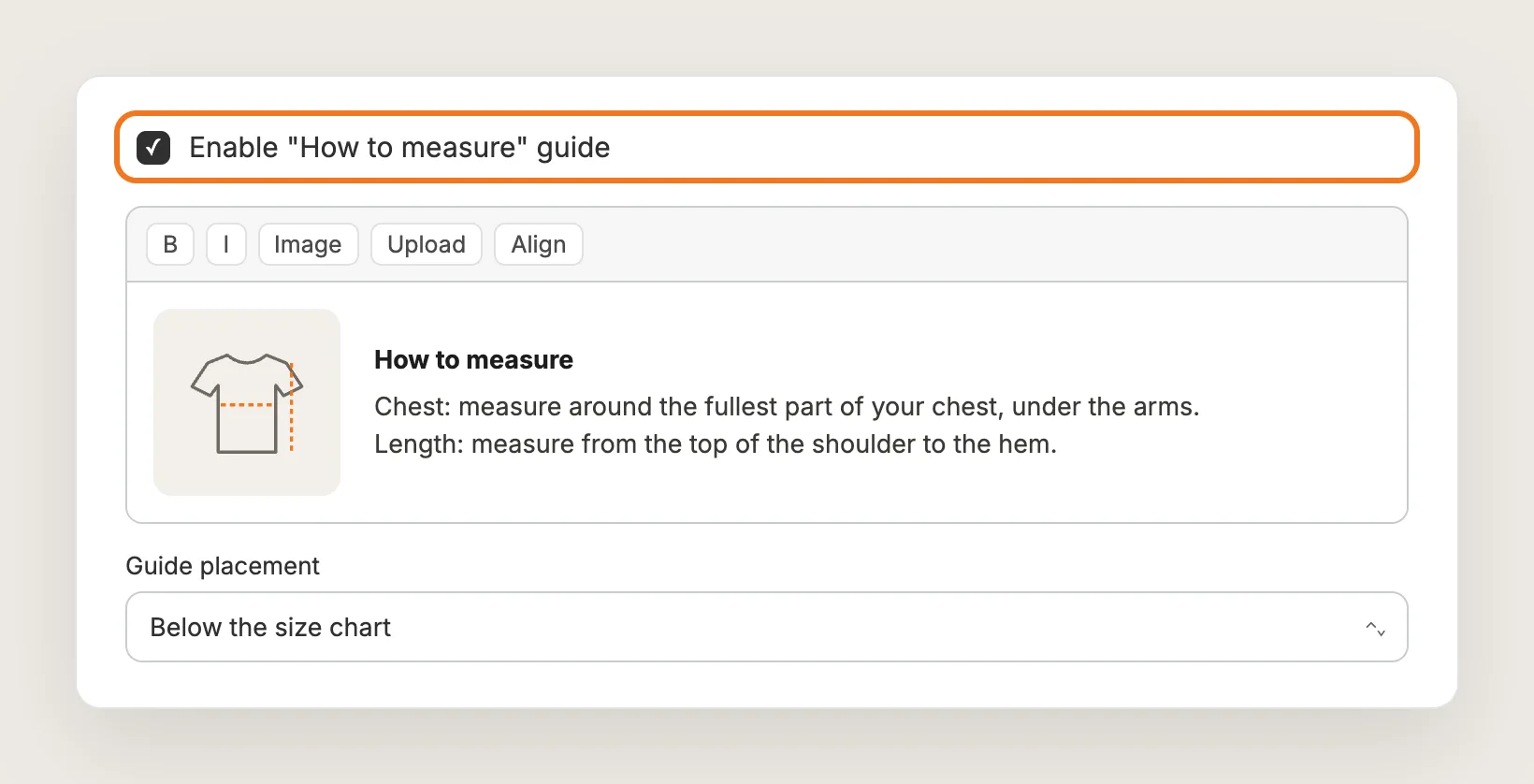Enable How to measure guide checkbox ticked, with the guide text and the Guide placement field