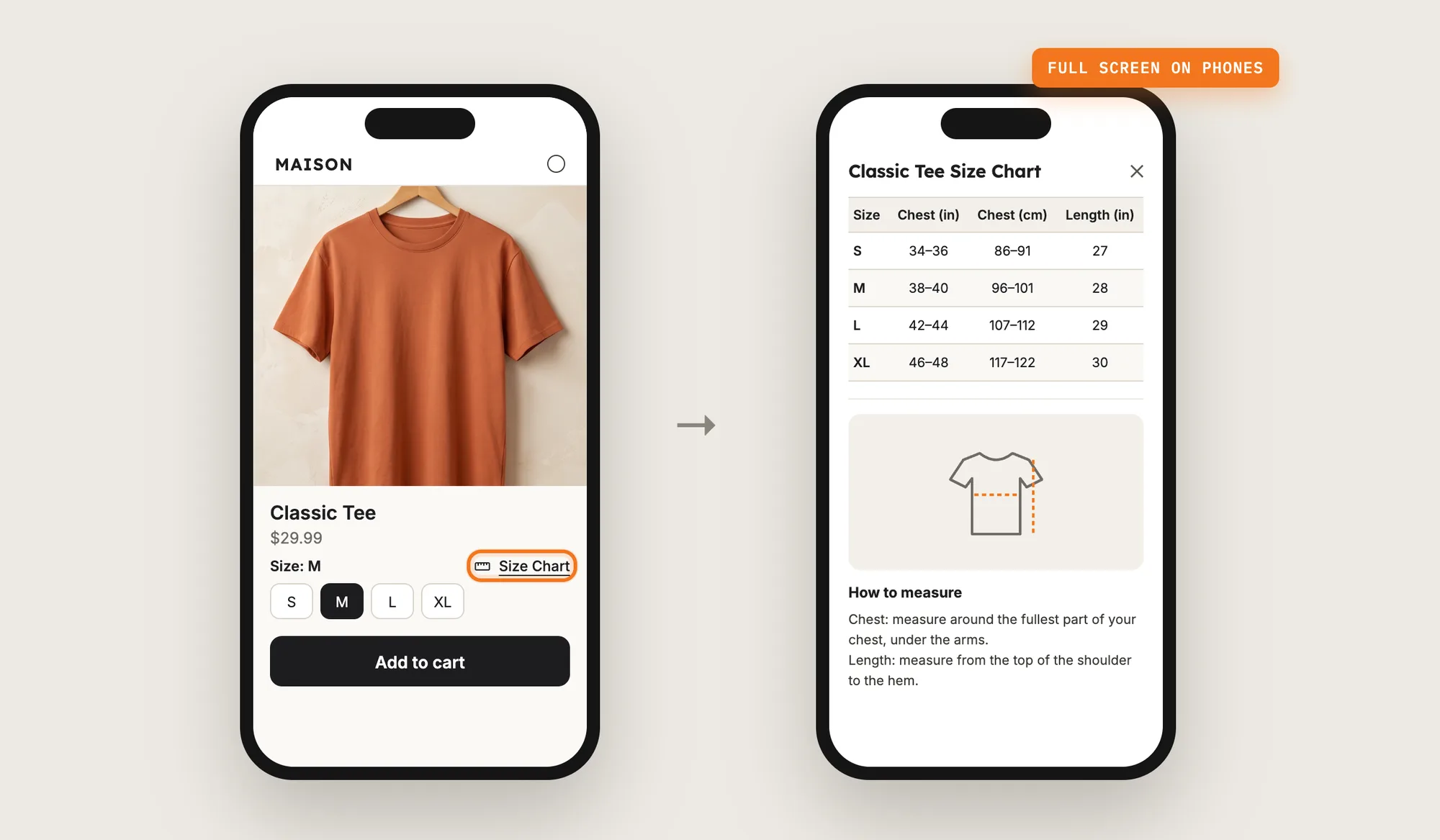 Two phones, one with a product page with the Size Chart button highlighted, and the size chart pop-up filling the screen
