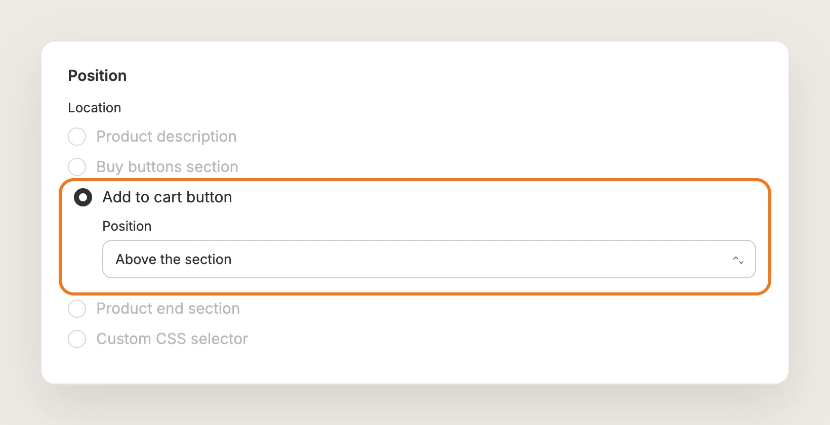 Position card with Add to cart button selected and Position set to Above the section