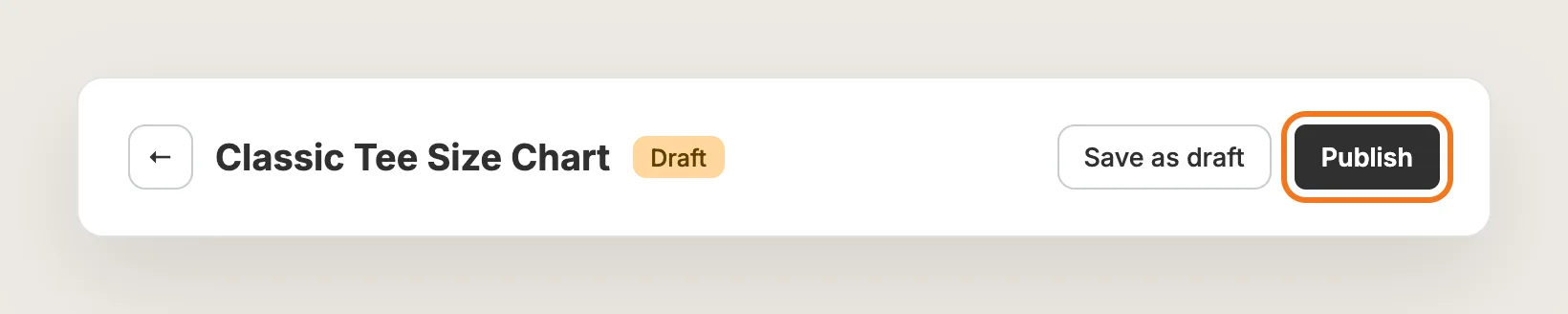Size chart editor header with the Draft badge and the Publish button highlighted