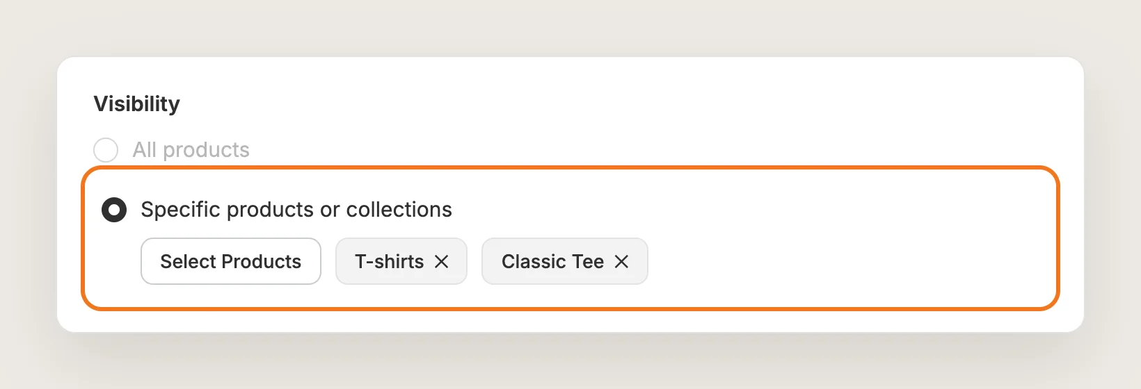 Visibility card with Specific products or collections selected and a T-shirts collection picked
