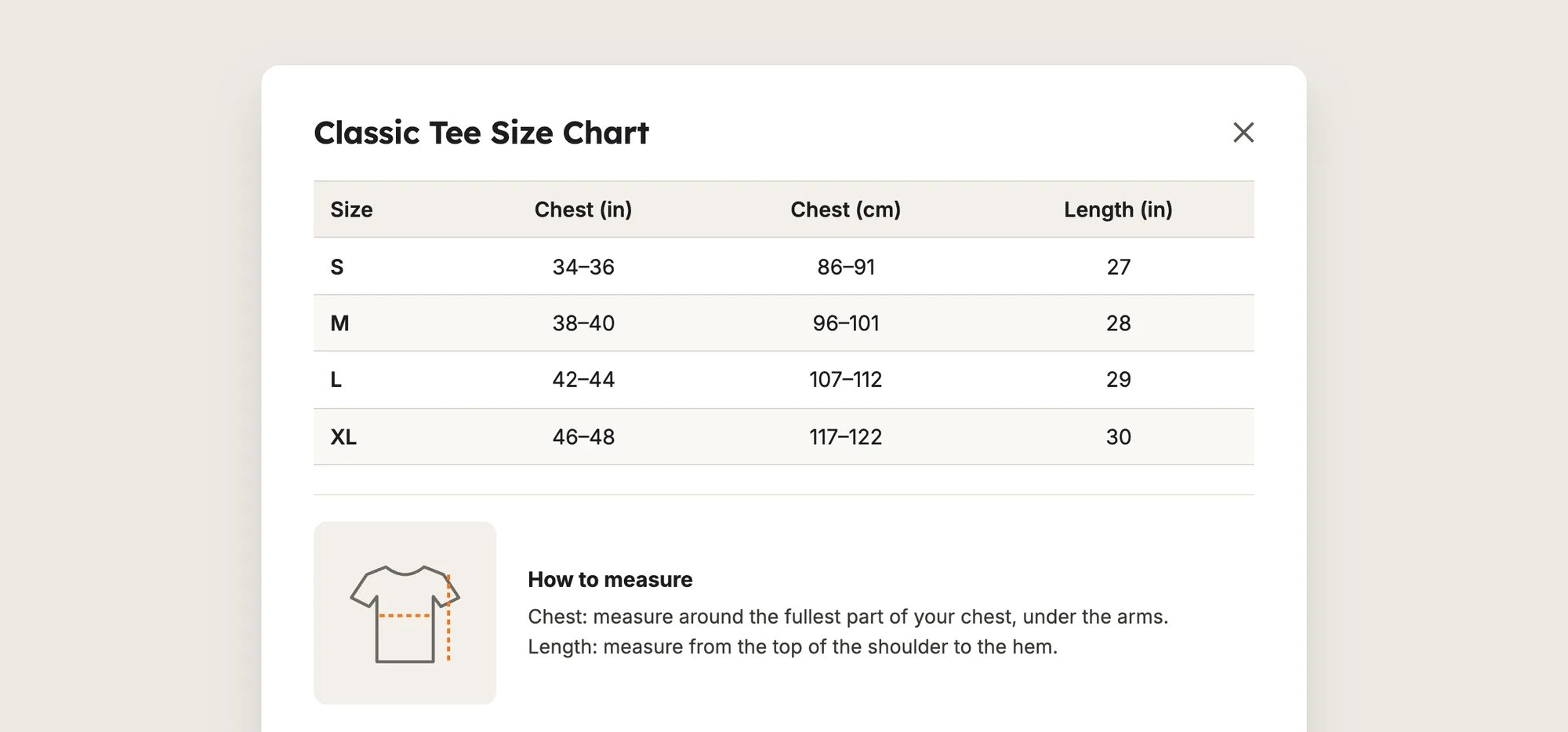 Close-up of a size chart pop-up with a table of sizes S to XL and a How to measure guide below