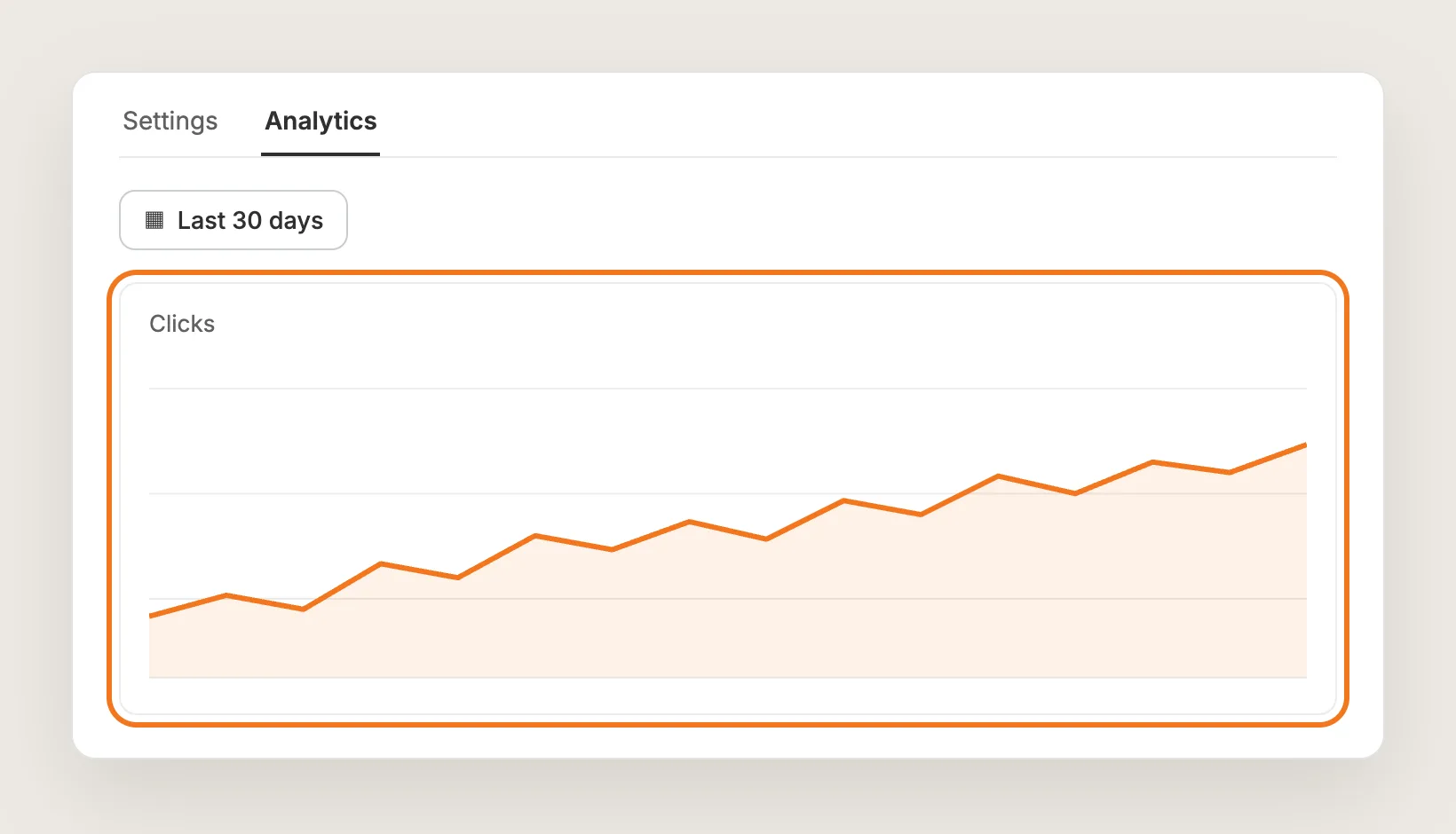 Social Media Buttons Analytics tab with the Clicks chart for the last 30 days highlighted