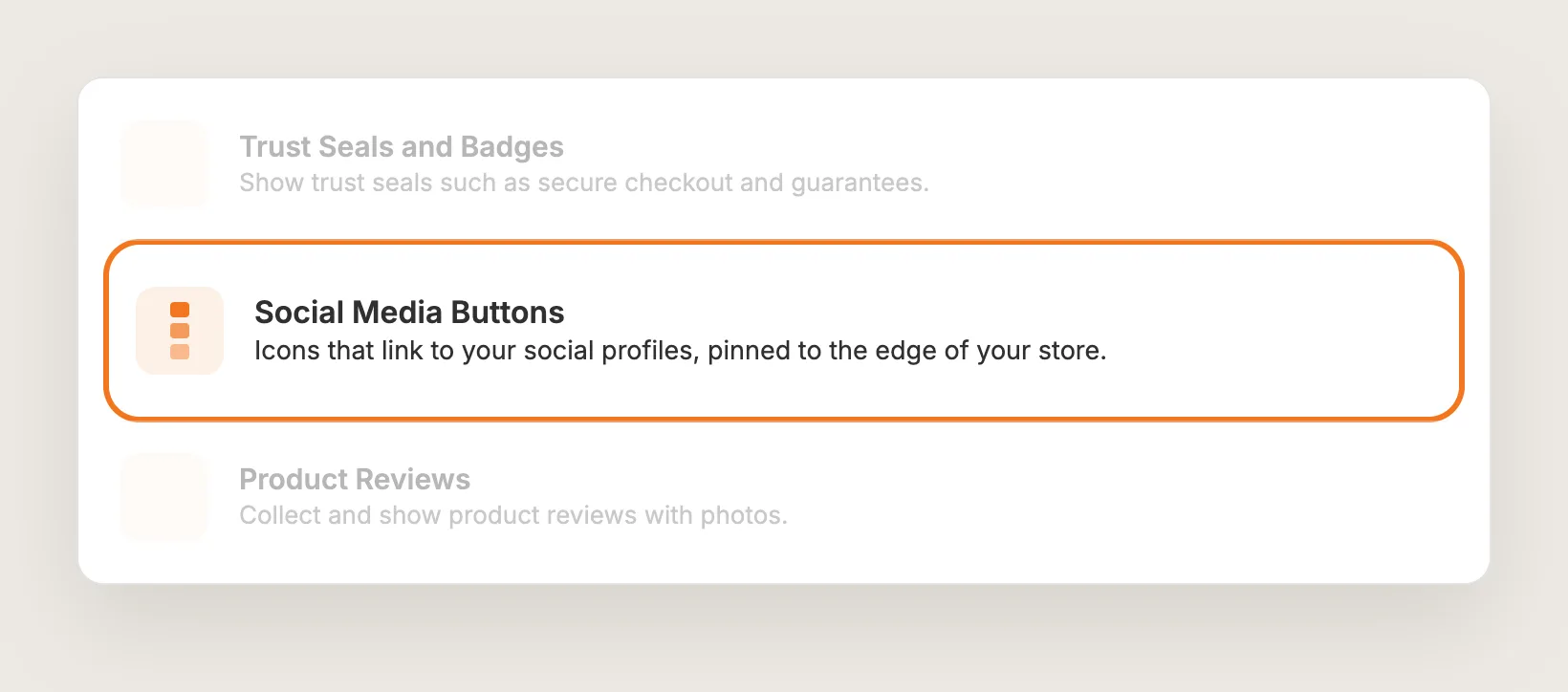 Vitals apps list with the Social Media Buttons row highlighted