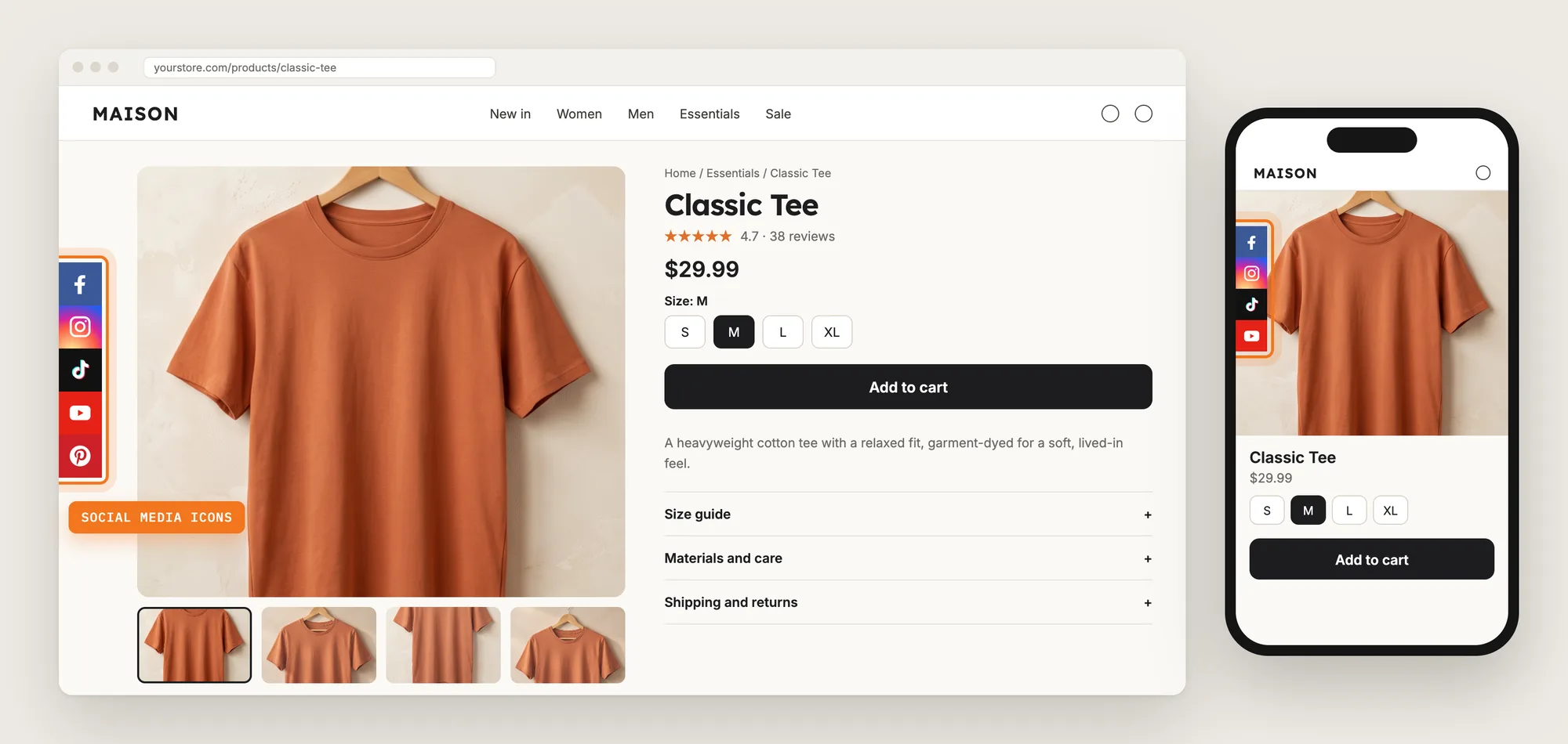 A Shopify product page on desktop and mobile with the social media icons highlighted on the left edge of the page
