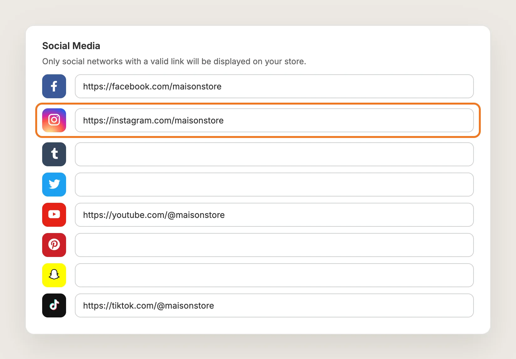Social Media card with links filled in for Facebook, Instagram, YouTube and TikTok, and the Instagram row highlighted