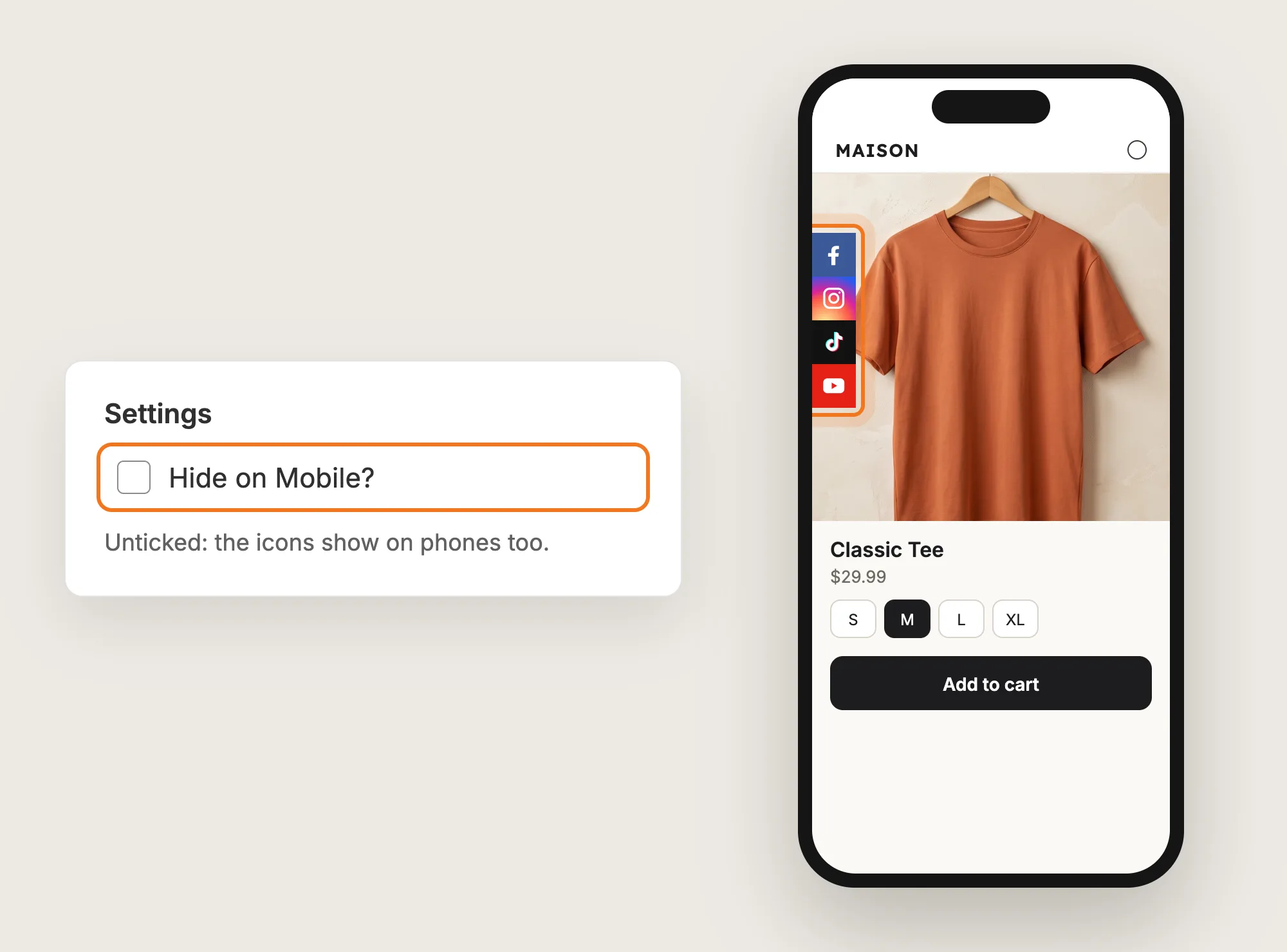 Settings card with Hide on Mobile? unticked, next to a phone showing the social media icons on the left edge of a product page