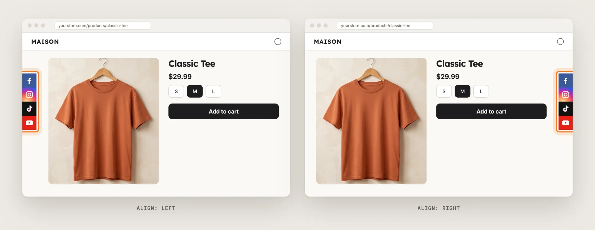 Two product pages, one with the social media icons on the left edge and one with the icons on the right edge