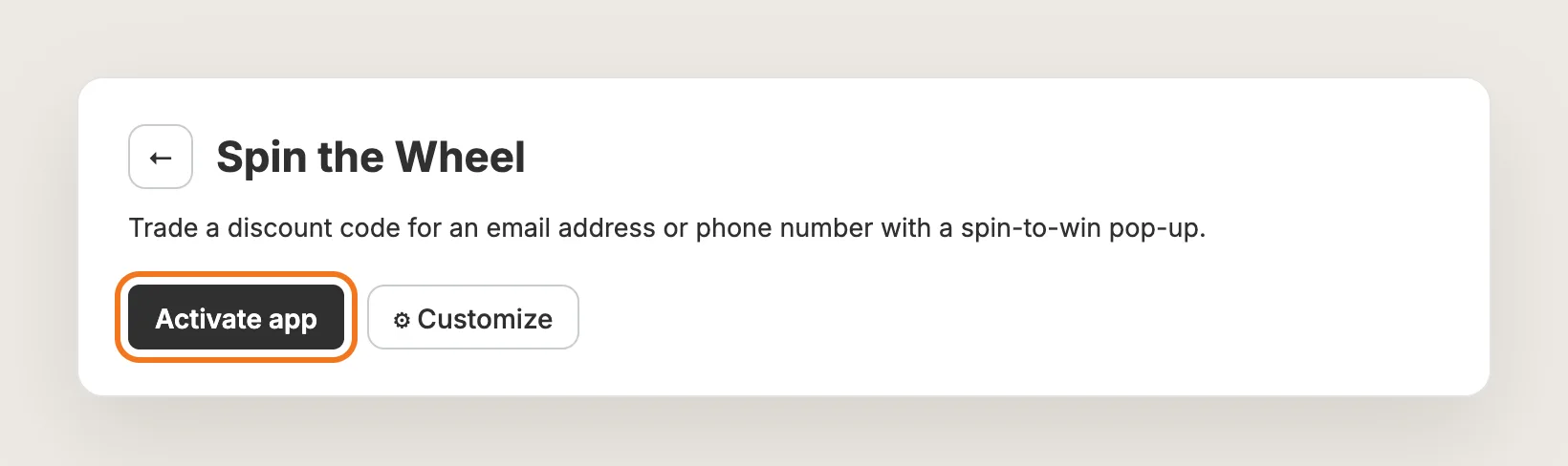Vitals Spin the Wheel app page with the Activate app button highlighted