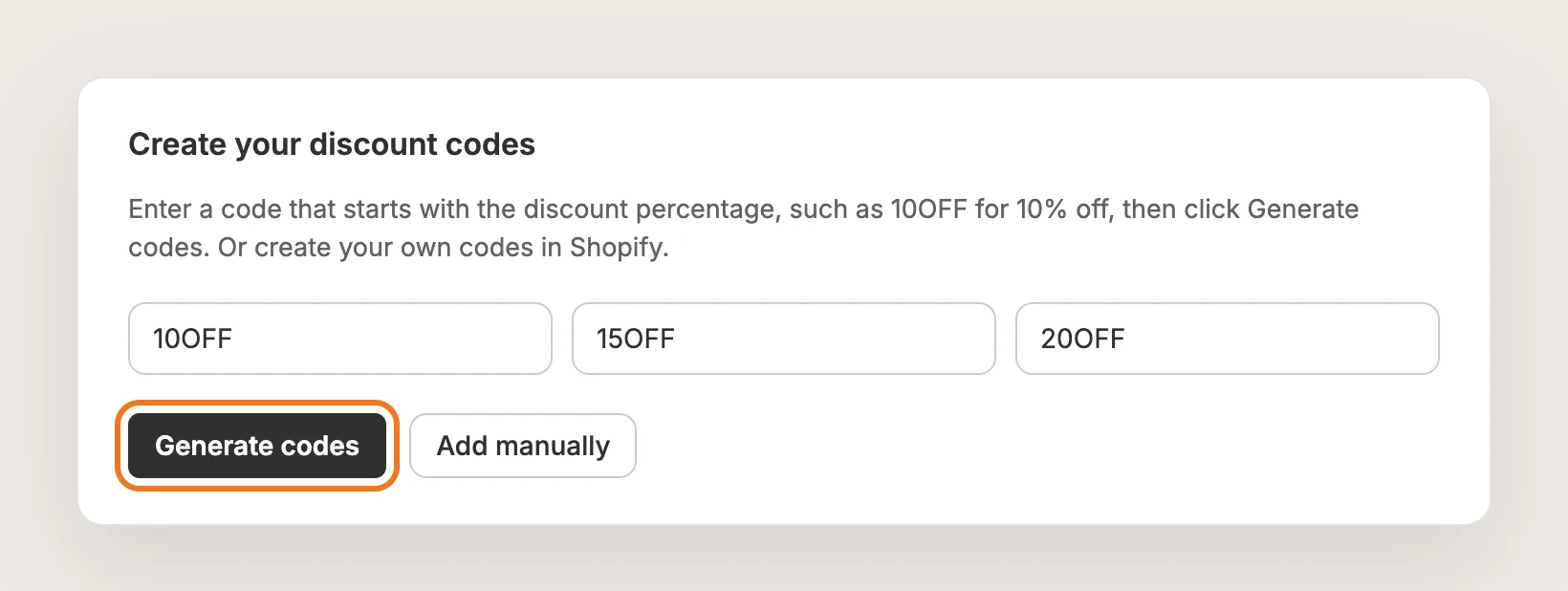Create your discount codes card with 10OFF, 15OFF and 20OFF codes and the Generate codes button highlighted