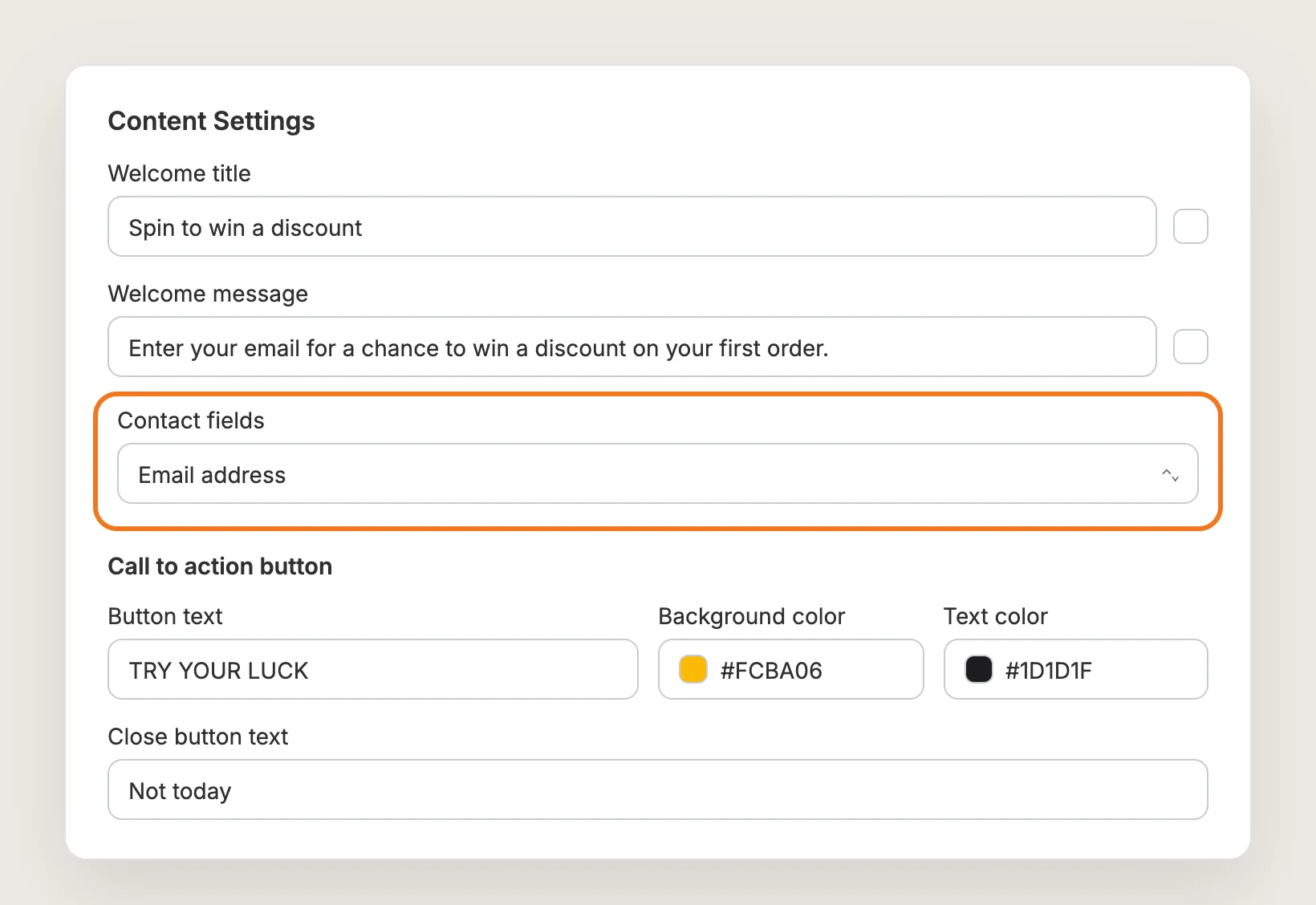 Content Settings card with Welcome title, Welcome message, Contact fields highlighted, Call to action button and Close button text