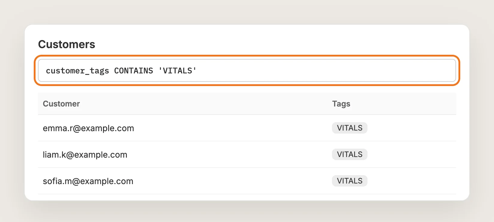Shopify Customers list filtered by the VITALS tag with the segment query highlighted