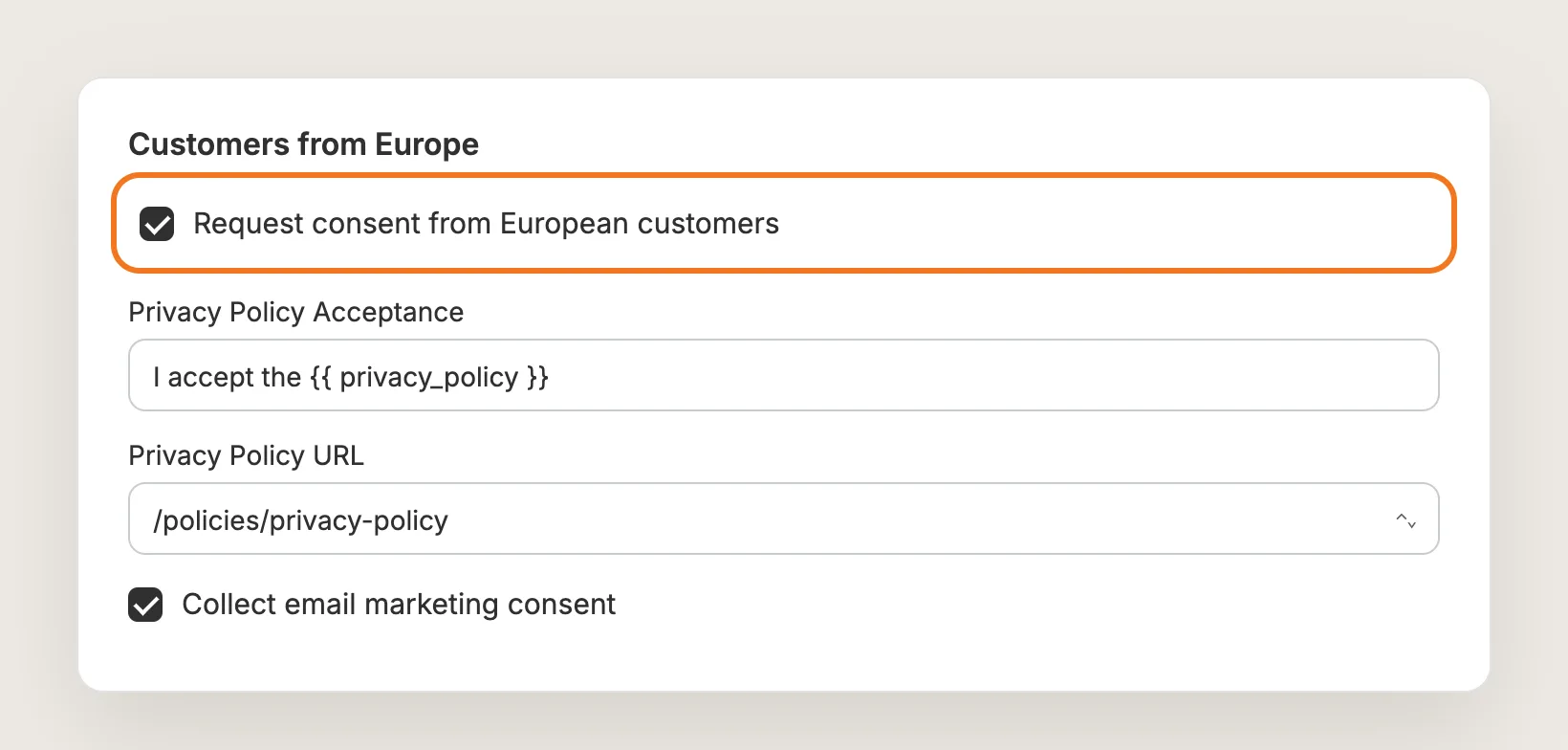 Customers from Europe card with Request consent from European customers highlighted