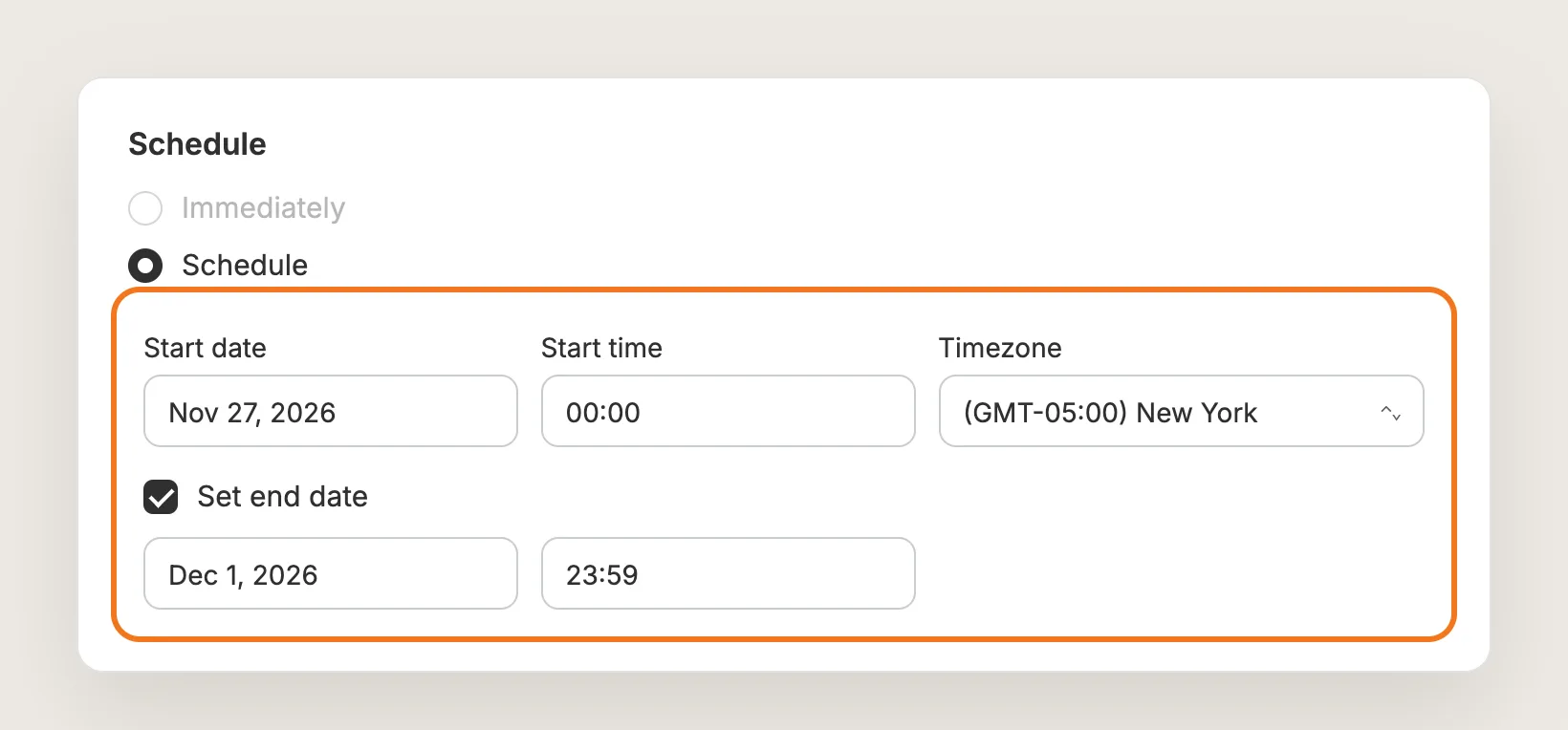 Schedule card with a start date, start time, timezone and an end date set