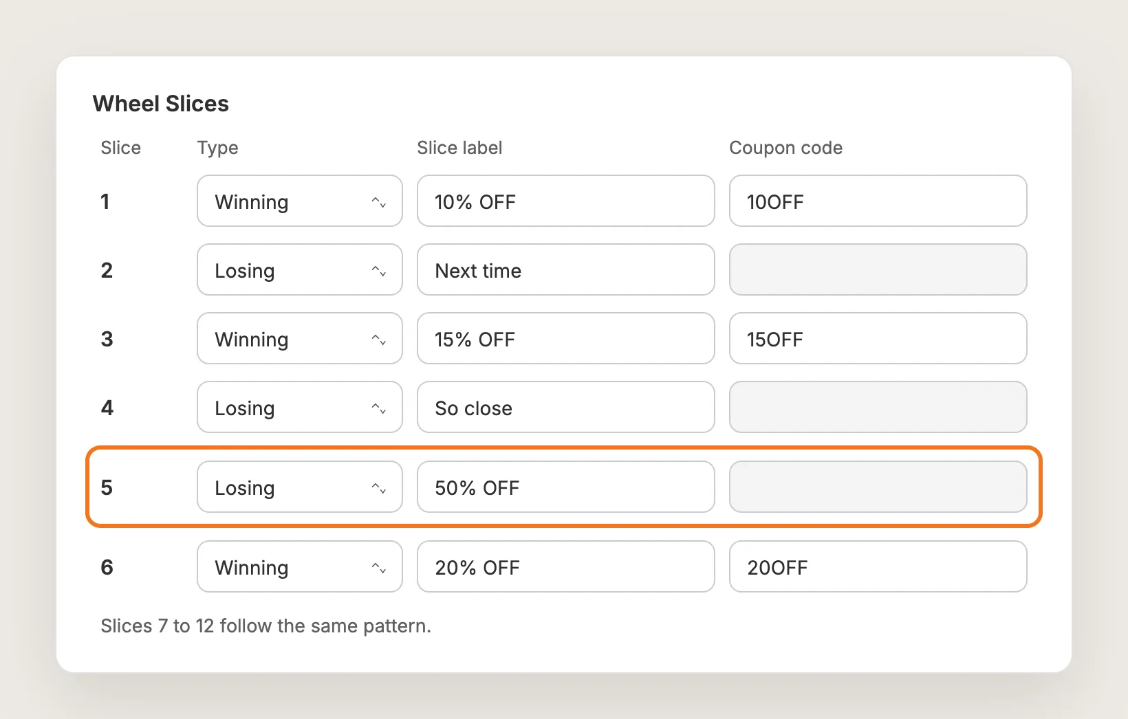 Wheel Slices card with winning and losing slices, slice labels and coupon codes, and a losing 50% OFF slice highlighted