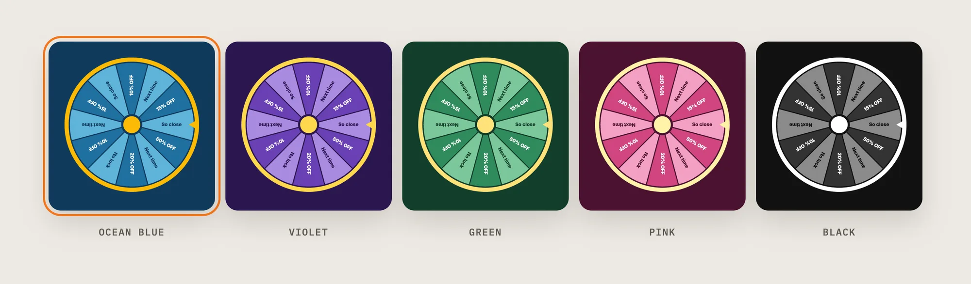 Five spin the wheel color themes side by side: Ocean Blue, Violet, Green, Pink and Black