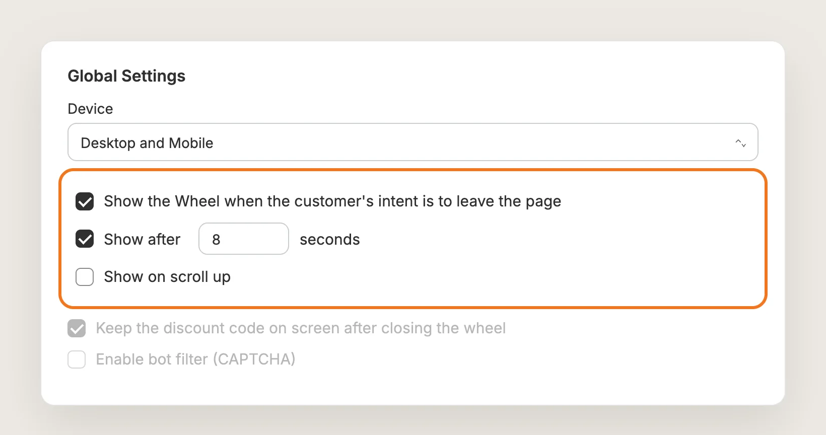 Global Settings card with Device, exit intent, Show after and Show on scroll up options highlighted