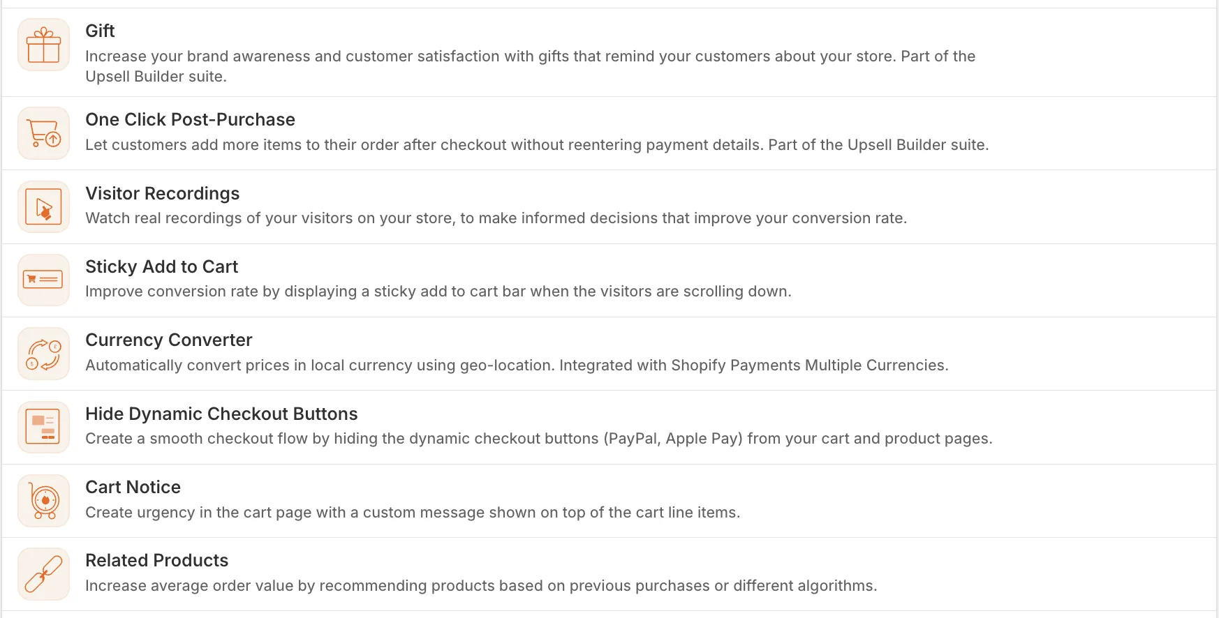 Vitals apps list with Sticky Add to Cart among the apps