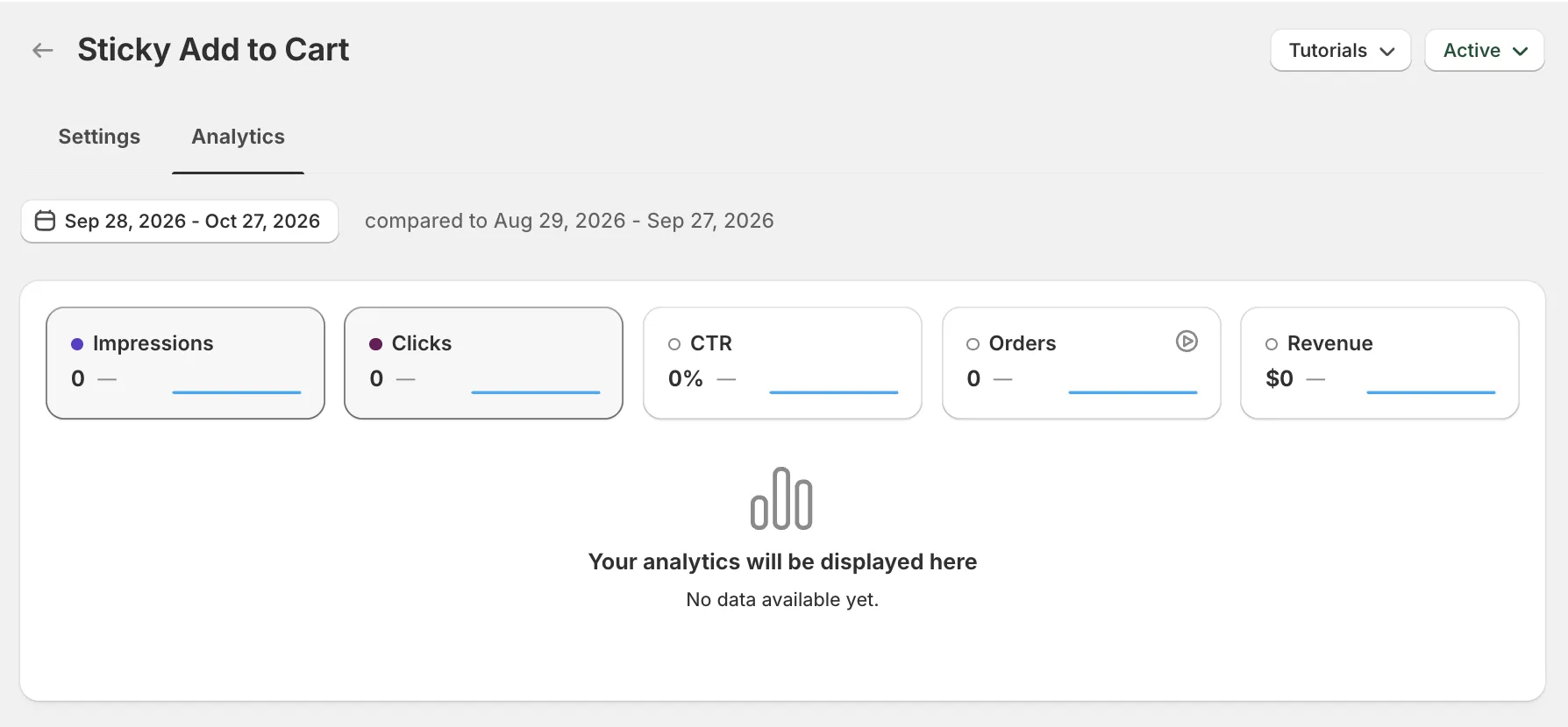 Vitals Sticky Add to Cart Analytics tab with impressions, clicks, CTR, orders and revenue