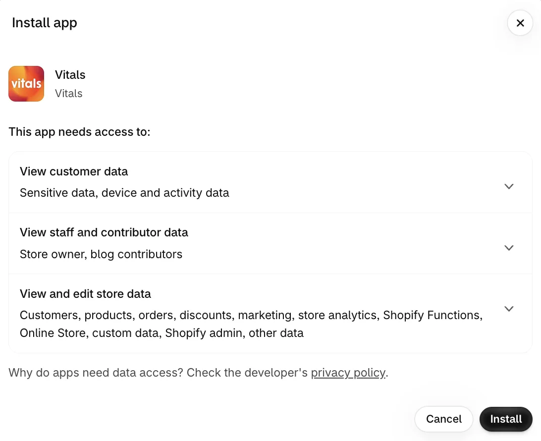 Shopify Install app dialog for Vitals with the Install button