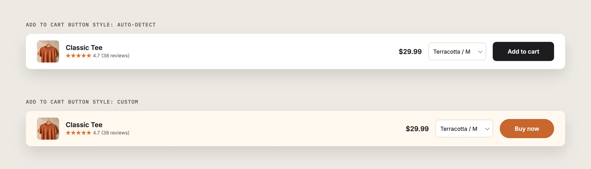 Two sticky add to cart bars, one with a button that matches the theme and one with custom colors