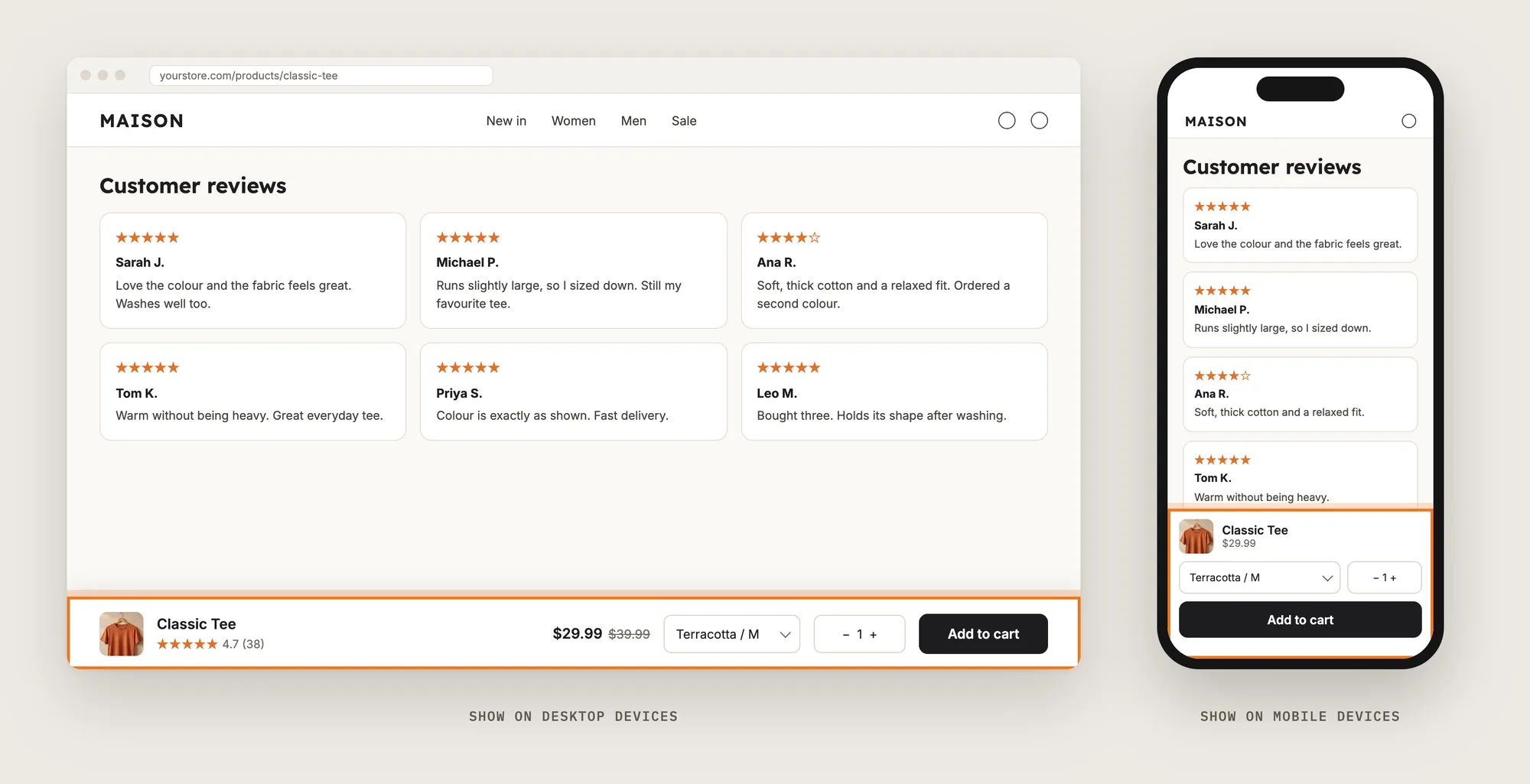 The sticky add to cart bar on a desktop product page and on a phone