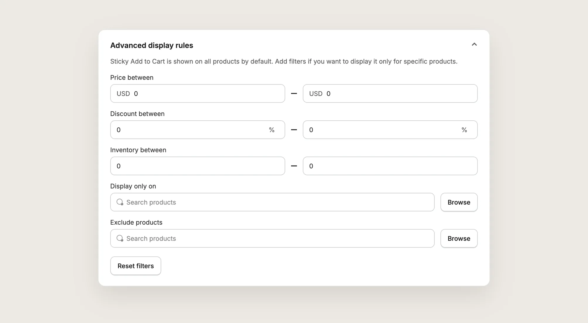 Advanced display rules panel with price, discount and inventory ranges and product lists