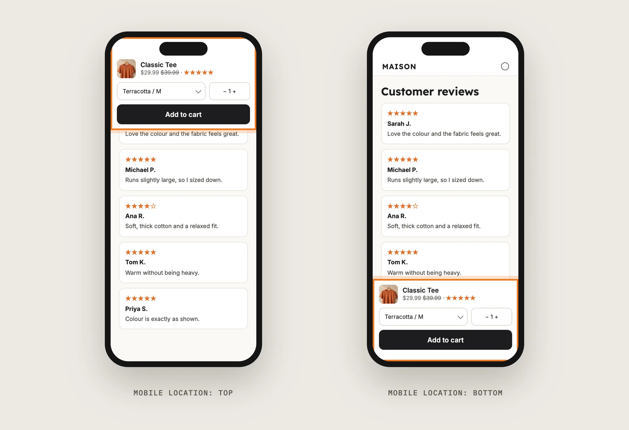 Two phones, one with the sticky add to cart bar at the top of the screen and one with it at the bottom