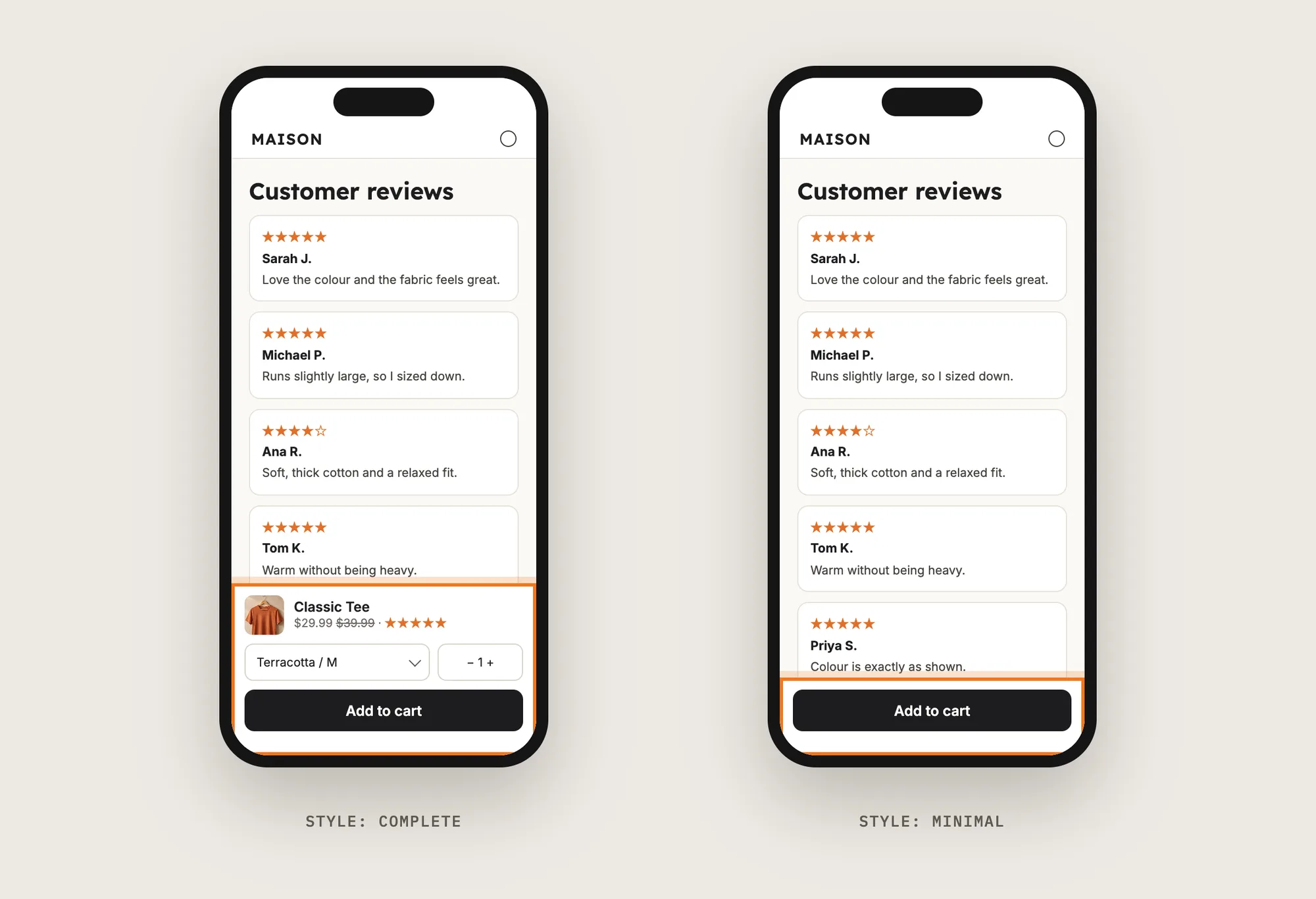 Two phones comparing the Complete style, with image, price, variant and quantity, and the Minimal style with the button only