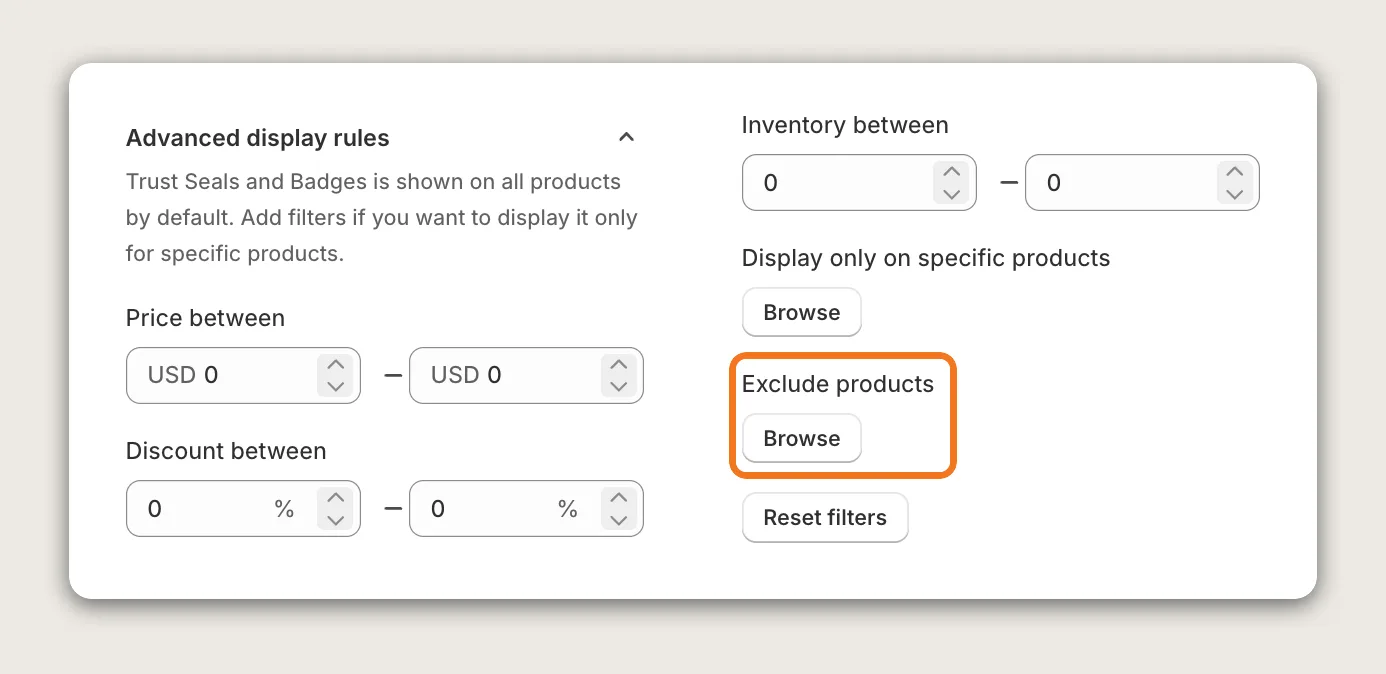 Vitals Trust Seals and Badges Advanced display rules card with Price, Discount and Inventory ranges and the Exclude products Browse button highlighted