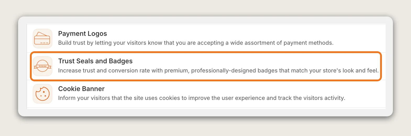 Vitals apps list with the Trust Seals and Badges row highlighted between Payment Logos and Cookie Banner